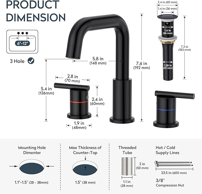 Black Bathroom Faucet 3 Hole, Widespread 8-Inch Bathroom Sink Vanity Utility Sink Faucet for with Full-Metal Pop-Up Drain, Matte Black
