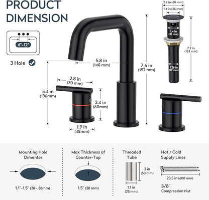 Black Bathroom Faucet 3 Hole, Widespread 8-Inch Bathroom Sink Vanity Utility Sink Faucet for with Full-Metal Pop-Up Drain, Matte Black