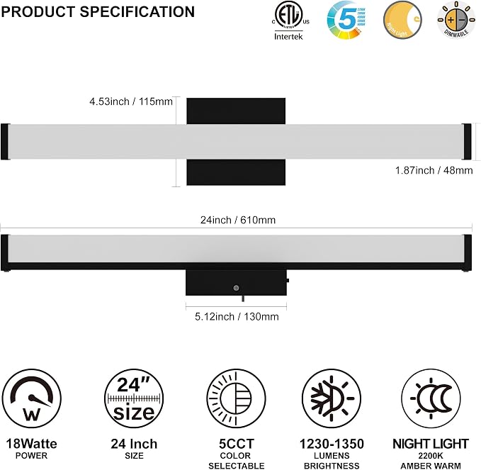 24 Inch Bathroom Vanity Light Fixtures with Night Light: Long Square Wall Mounted LED Lighting Bar Over Mirror with 5CCT & 2200K Color Changing, 120V, 1230-1350lm, ETL, Matte Black, 2 Packs