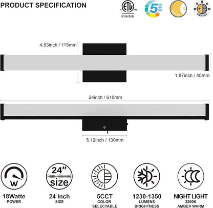24 Inch Bathroom Vanity Light Fixtures with Night Light: Long Square Wall Mounted LED Lighting Bar Over Mirror with 5CCT & 2200K Color Changing, 120V, 1230-1350lm, ETL, Matte Black, 2 Packs