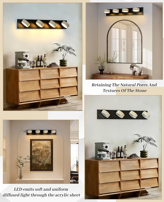 Travertine Vanity Light, 19.7 Inch Nordic Style Farmhouse Vanity Lights with 360° Rotatable Natural Stone Lampshade and Black Metal Base Wabi Sabi Vanity Lights Fixture for Bathroom (4 Lights)