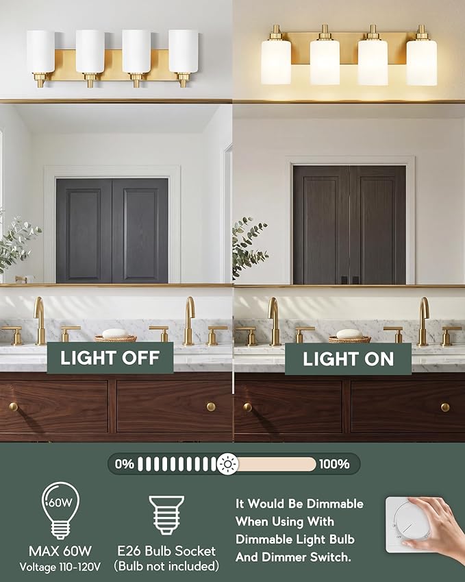 4-Light Bathroom Light Fixtures, 24.5 Inch Brushed Gold Vanity Light with Cylinder Milk White Glass Shade, Modern Vanity Lighting Fixtures Over Mirror, VL143-BG-ML-4