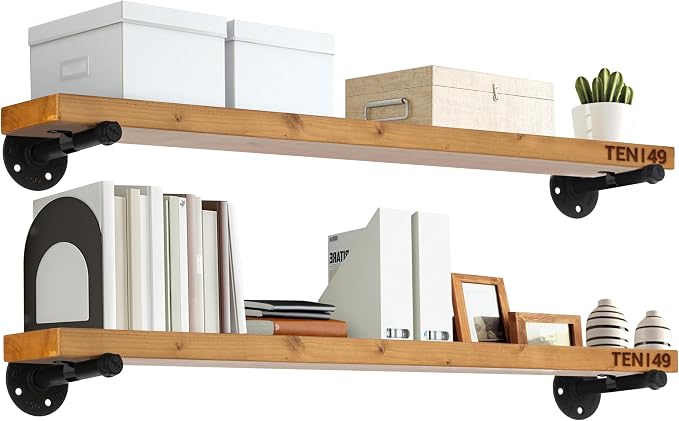TEN49 Industrial Pipe Wood Wall Shelf - 36" Real Wooden Shelving w/Special Walnut Color - Modern Interior Decor Floating Shelves w/Iron Pipe Brackets - Rustic Farmhouse Style Bookshelf - Set of 2