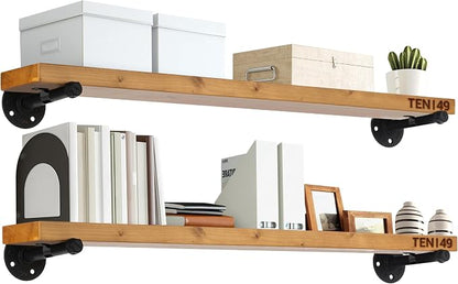 TEN49 Industrial Pipe Wood Wall Shelf - 36" Real Wooden Shelving w/Special Walnut Color - Modern Interior Decor Floating Shelves w/Iron Pipe Brackets - Rustic Farmhouse Style Bookshelf - Set of 2