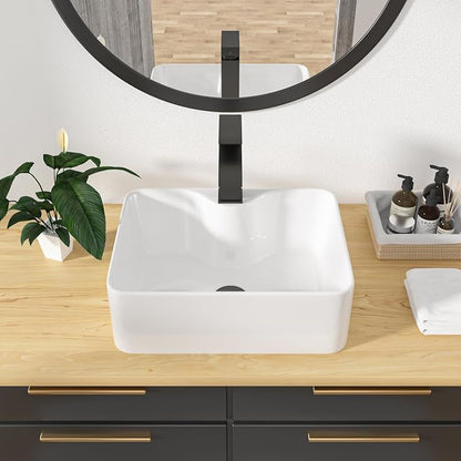 16"x12" Rectangle Bathroom Vessel Sink with Faucet Combo Porcelain Ceramic White Vanity Sink Above Counter Modern Sink with Faucet Hole for Lavatory, Hotel Art Basin, Home Washing Basin