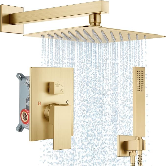 Midanya Shower Faucet Set with Handheld Sprayer,12 Inch,Brushed Gold | Rough-in Shower Valve and Trim Kit Included,Square Rain Head,Wall Mount Shower System,All Metal,Bathroom