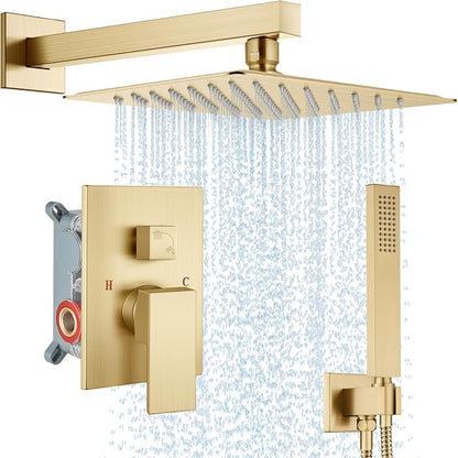 Midanya Shower Faucet Set with Handheld Sprayer,12 Inch,Brushed Gold | Rough-in Shower Valve and Trim Kit Included,Square Rain Head,Wall Mount Shower System,All Metal,Bathroom