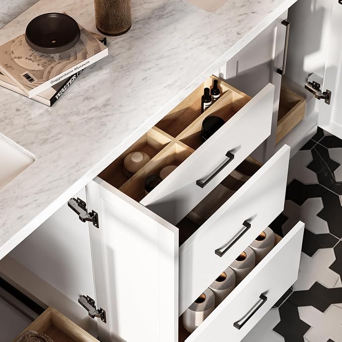 ARIEL Loren 72-inch Bathroom Vanity with Sink,Solid Wood, 1.5-inch Italian Carrara Marble Countertop, Double Rectangular Porcelain Sink, 4 Soft Closing Doors, 3 Dovetail Drawers, White