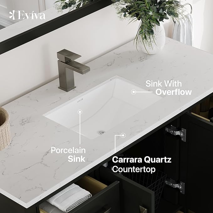 Eviva London 48 x 18 inch Espresso Transitional Bathroom Vanity with White Carrara Quartz Countertop and Undermount Porcelain Sink