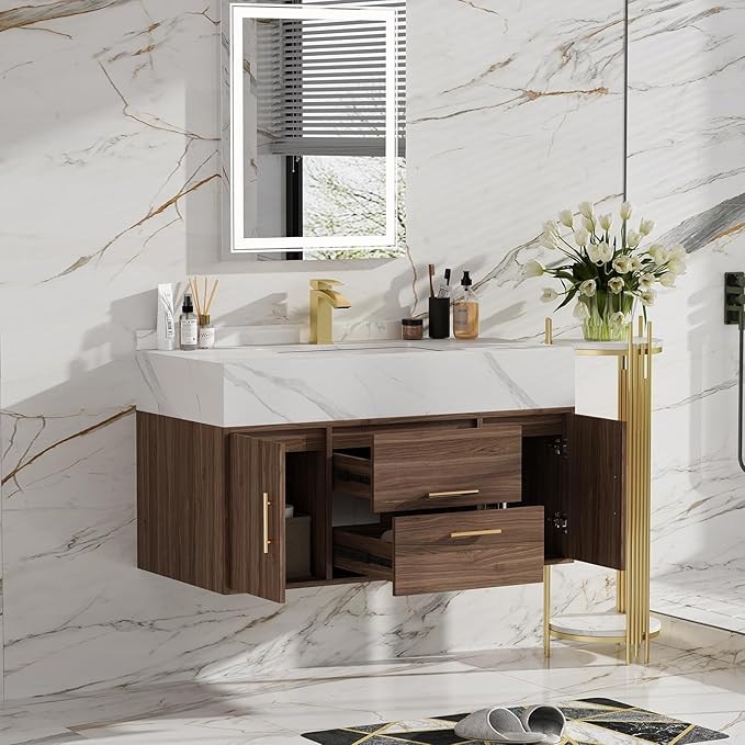 homary 39.4" Bathroom Vanity with Sink-Modern Bathroom Floating Vanity with Sintered Stone Countertop and 2 Drawers 2 Storage Cabinets, Undercounter Ceramic Sink, Walnut