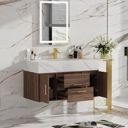 homary 39.4" Bathroom Vanity with Sink-Modern Bathroom Floating Vanity with Sintered Stone Countertop and 2 Drawers 2 Storage Cabinets, Undercounter Ceramic Sink, Walnut