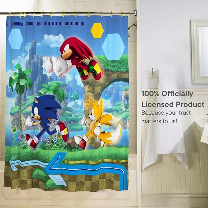 Sonic Anime 13-Piece Shower Curtain Set, 72 x 72 Inch Fabric Curtain with Hooks, Bathroom Decor, Machine Washable, (100% Officially Licensed Product) by Franco Collectibles