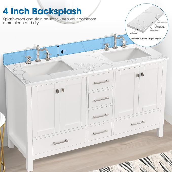 60 Inch Engineered Stone Bathroom Vanity Sink Top, with Undermount Rectangular Double Sinks, Vanity Countertop with 8 inch Faucet Hole Spacing and Backsplash in Lightning White