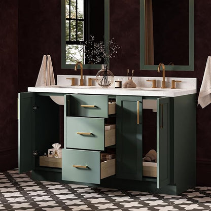 ARIEL Loren 60-inch Bathroom Vanity with Sink,Solid Wood, 1.5-inch Carrara White Quartz Countertop, Double Rectangular Porcelain Sink, 4 Soft Closing Doors, 3 Dovetail Drawers, Vintage Green