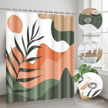 Bathroom Sets with Shower Curtain and Rug 4 Pcs, Boho Sun Mountain | Mid Century Abstract Bathroom Decor Set with Toilet Lid Cover, Non-Slip Bath Mats and Accessories 12 Hooks