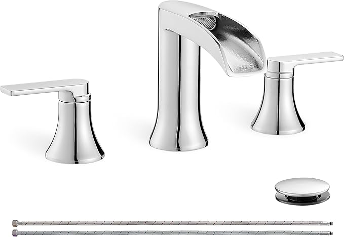 Chrome Modern Bathroom Faucet Waterfall 4-8 Inch 3 Hole Bathroom Sink Faucet Widespread with Pop-up Drain and cUPC Supply Line, 2 Handle for Vanity, Lavatory, Restroom, Apartment, Brass Material