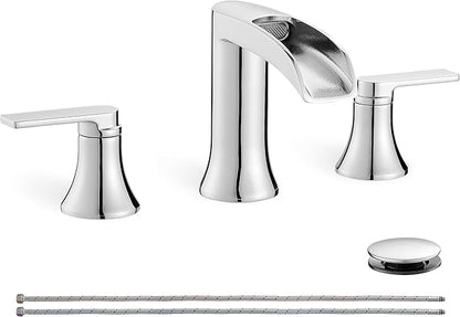 Chrome Modern Bathroom Faucet Waterfall 4-8 Inch 3 Hole Bathroom Sink Faucet Widespread with Pop-up Drain and cUPC Supply Line, 2 Handle for Vanity, Lavatory, Restroom, Apartment, Brass Material