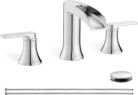 Chrome Modern Bathroom Faucet Waterfall 4-8 Inch 3 Hole Bathroom Sink Faucet Widespread with Pop-up Drain and cUPC Supply Line, 2 Handle for Vanity, Lavatory, Restroom, Apartment, Brass Material