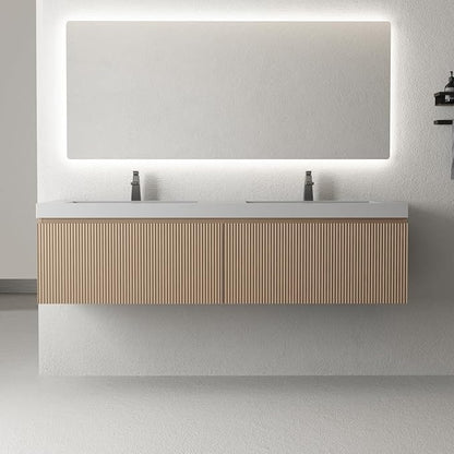 60 Inch Floating Bathroom Vanity with Double Sinks, Wall-Mounted Striped Storage Cabinet with Soft-Close Drawer, Glossy White Solid Surface Basin, Fully Assembled, Natural Oak Finish