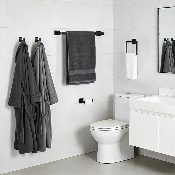 5-Pieces Wall Mount Bathroom Hardware Set,23.6in Towel Bar Set,Matte Black | Waterproof Stainless Steel Bathroom Accessories,Toilet Paper Holder with Shelf,Towel Ring,Coat Hook