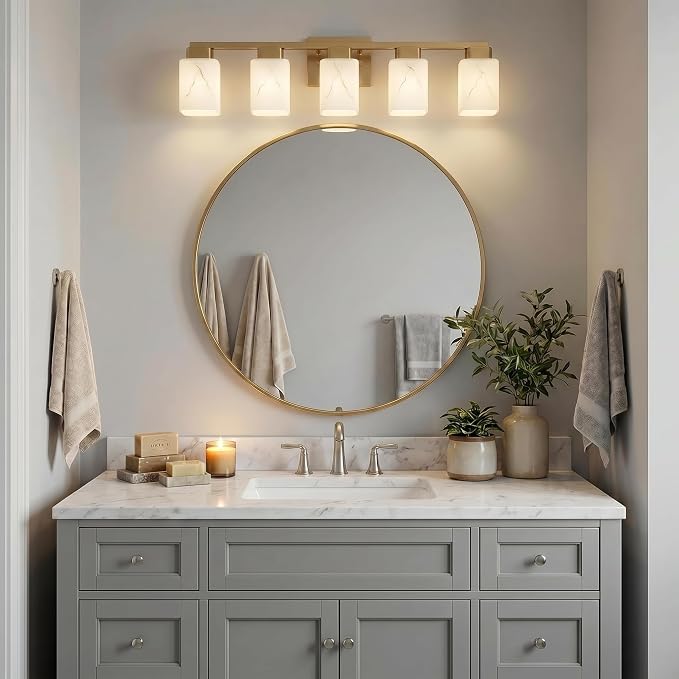 5-Light Square Bathroom Light Fixture, Gold Modern Vanity Light with White Marble Glass Shade, for Bathroom Mirror, Living Room, Bedroom, Hallway, E26 Base