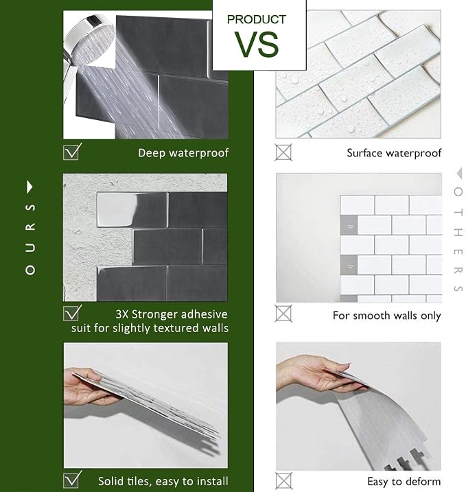 STICKGOO 10-Sheet Subway Tile Peel and Stick Backsplash, Self Adhesive Vinyl Wall Tiles, Stick on Backsplash for Kitchen and Bathroom(Thicker Design)