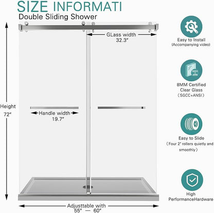 55-60" W x 72"H Frameless Double Sliding Shower Door for Walk-In Shower,5/16" (8mm) SGCC Certified Clear Tempered Safety Glass,Easy-Clean Coating,Quiet Heavy-Duty Roller System,Brushed Nickel