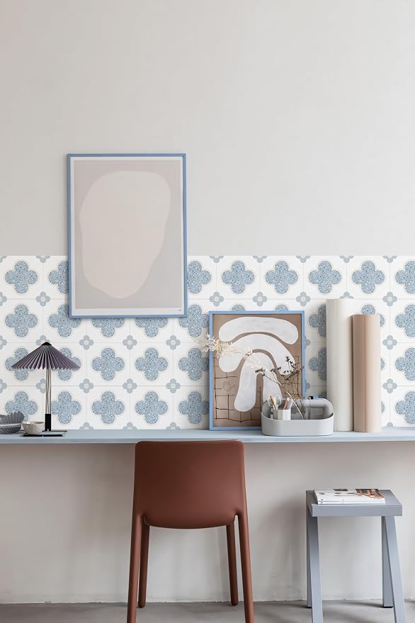 Peel & Stick Tile Stickers 12 PCS Self Adhesive Backsplash Decorative Wall Stickers for Kitchen Bathroom Tile Decals Waterproof & Removable 6" x 6" (Blue Flower)