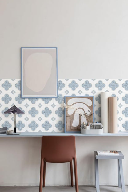 Peel & Stick Tile Stickers 12 PCS Self Adhesive Backsplash Decorative Wall Stickers for Kitchen Bathroom Tile Decals Waterproof & Removable 6" x 6" (Blue Flower)