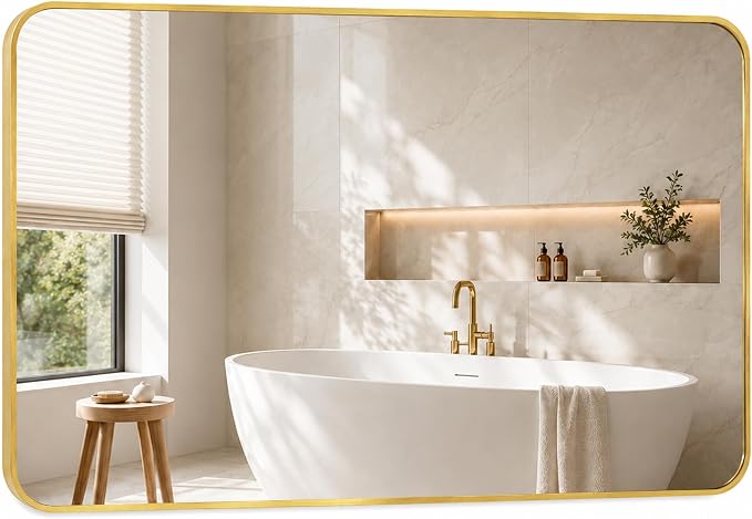 30x48 Inch Brushed Gold Rounded Rectangle Bathroom Vanity Mirror | For Over-Sink Bathrooms, Corrosion-Resistant Aluminum Frame, Slim Front Profile, Vertical or Horizontal Layout