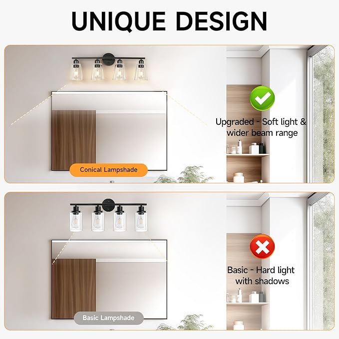 TALOYA 27 Inch Brushed Black Bathroom Light Fixtures with Thickend Clear Tapered Glass Shade, 4-Light Modern Vanity Light Over Mirror for Bathrooms, Bedrooms (Bulbs Not Included)