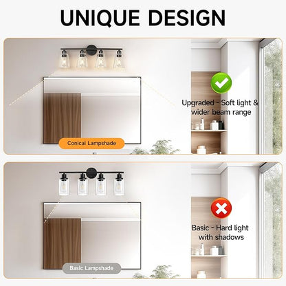TALOYA 27 Inch Brushed Black Bathroom Light Fixtures with Thickend Clear Tapered Glass Shade, 4-Light Modern Vanity Light Over Mirror for Bathrooms, Bedrooms (Bulbs Not Included)