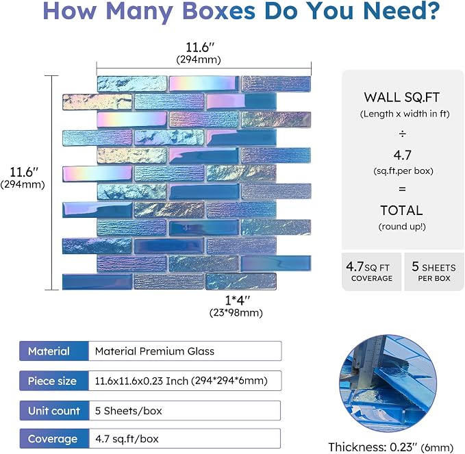 Pool Glass Mosaic Tiles, Iridescent Blue, 1x4 Inch Brick, 5 Sheets | Glass Linear Tile for Swimming Pool, Kitchen Backsplash, Shower, Bathroom Wall, Waterline, Fountain