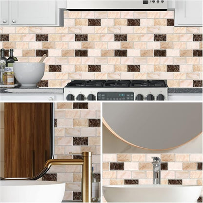 URCOLOR 10-Sheet Peel and Stick Backsplash Subway Tile for Kitchen,12"x12" Self Adhesive Wall Tiles Sticker on Back Splashes for Bathroom Yellow Brown Marble Design