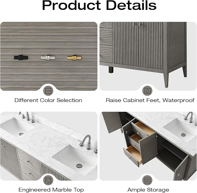 Vanity Art 72 inch Bathroom Vanity with Double Sink & Ceramic Top, Vanity Cabinet with Soft-Closing Door, Solid Wood Frame, Linear Pattern, Driftwood Gray, Golden Brushed Handware VA9172-DDG-GB