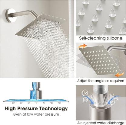 Shower Faucet Set Bathtub Faucet Set with Valve Included Shower Valve Kit with All-Metal High Flow Tub Spout,6 Inch High Pressure Head,Solid Brass Valve Body and Metal Handle Trim,Brushed Nickel