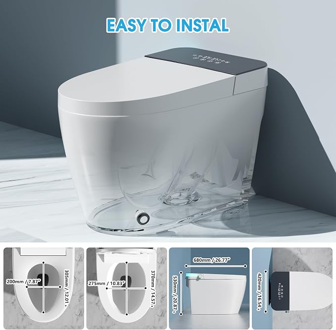 TDH Smart Tankless Toilet, with Warm Water Sprayer & Dryer, Smart Toilet Seat with Heated Bidet Seat, Leave Seat Auto Flushing, Foot Sensor & LED Display and Night Light
