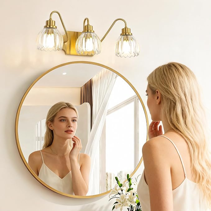 3-Light Bathroom Vanity Light, Gold Vanity Light, Antique Brass Sconces with Tulip Glass Shade, Mid Century Hardwired Wall Sconces for Bedroom, Living Room, Hallway