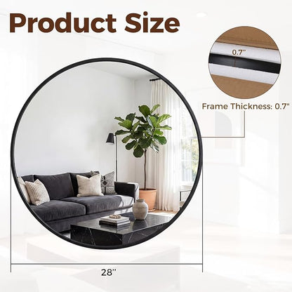 Sweetcrispy 28 Inch Round Wall Mirror, Bathroom Mirrors for Over Sink | Matte Metal Framed, Wall Decor for Bedroom, Entryway, Anti-Rust, Tempered Glass, Hanging or Leaning, Black
