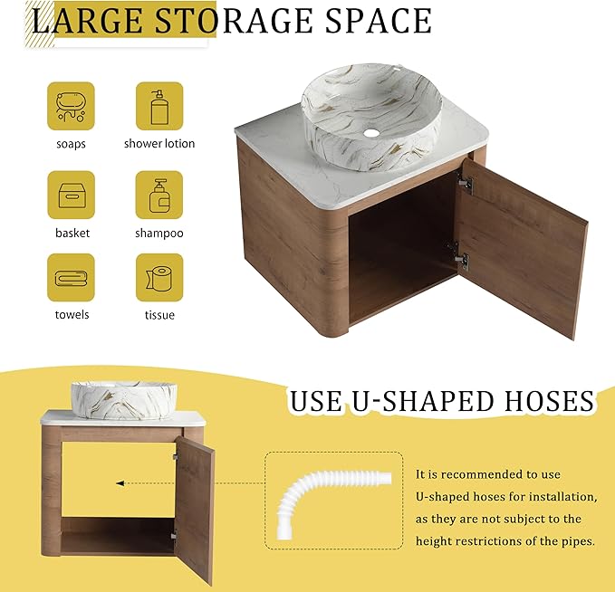 LKTART 24 Inch Floating Bathroom Vanity with Sink, Modern Wall Mounted Bathroom with Soft Close Door, White Stone Round Ceramic Basin and Sintered Stone Top