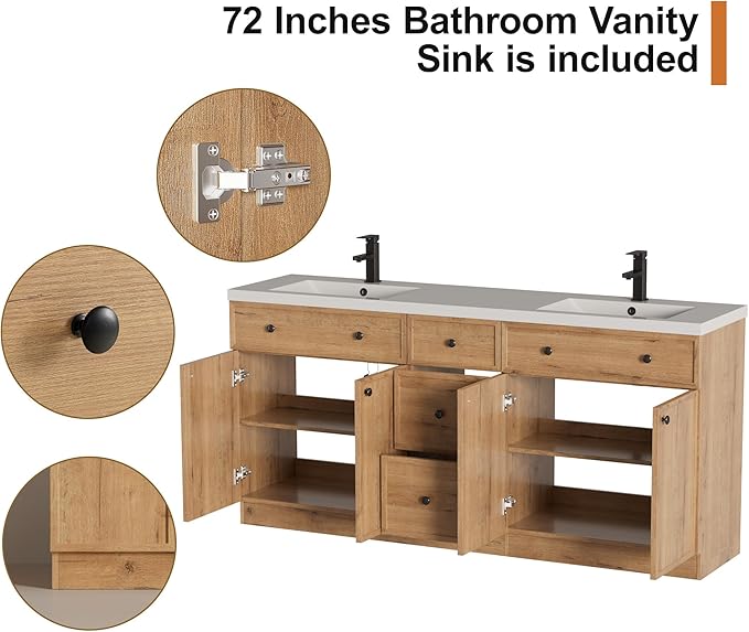 LUCKWIND 72" Bathroom Vanity Sink Combo, Modern Bathroom Cabinet with Double Undermount Solid Surface Vanity Sink, Soft-Close Hinges & Water-Saving Faucet, Natural