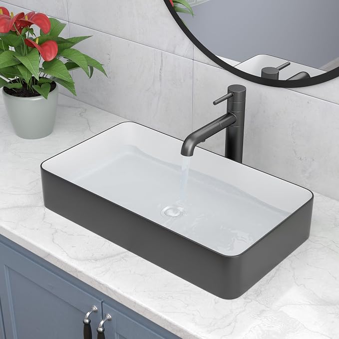 Bathroom Vessel Sink 24x14 Inch Black and White Rectangular Sink | Above Counter Large Bathroom Sink Porcelain Ceramic Large Bathroom Sink Vanity Sink Lavatory Art Basin