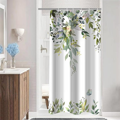 Sage Green Floral Eucalyptus Shower Curtain with Hooks, 36x72 Inch | Waterproof Fabric, Watercolor Leaves and Floral, Botanical Style, Machine Washable, Quick-Drying, for Hotel Bathroom