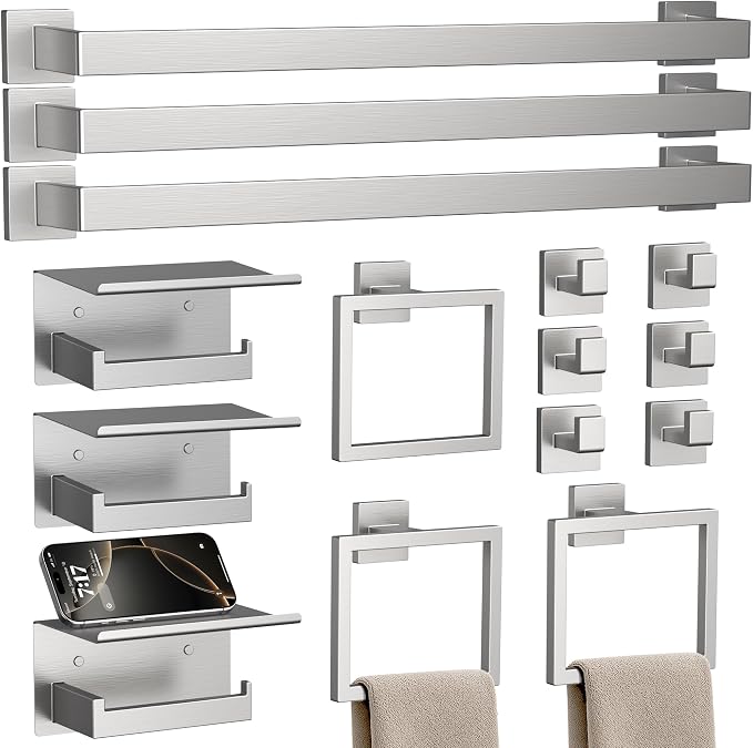 15-Piece 23.6 Inch Brushed Nickel Bathroom Hardware Accessories Set | Stainless Steel Bath Extended Towel Bar, Toilet Paper Holder with Shelf, Towel Hooks, Square Towel Ring Wall Mounted