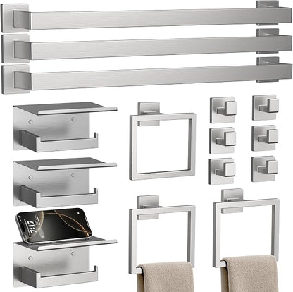15-Piece 23.6 Inch Brushed Nickel Bathroom Hardware Accessories Set | Stainless Steel Bath Extended Towel Bar, Toilet Paper Holder with Shelf, Towel Hooks, Square Towel Ring Wall Mounted