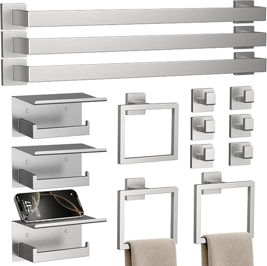 15-Piece 23.6 Inch Brushed Nickel Bathroom Hardware Accessories Set | Stainless Steel Bath Extended Towel Bar, Toilet Paper Holder with Shelf, Towel Hooks, Square Towel Ring Wall Mounted