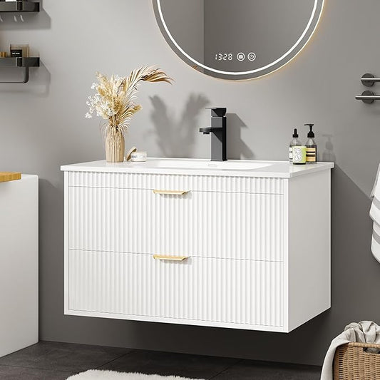 Vabches 24 Inch Bathroom Vanity with Sink, Wood Grain Wall Mounted Vanity with 2 Storage Darwers, Floating Bathroom Vanity with Storage, Bathroom Floating Vanity with Sink, Faucet, Drain, White
