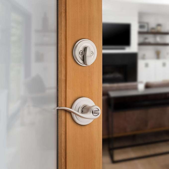 Kwikset 991 Tustin Entry Lever and Single Cylinder Deadbolt Combo Pack featuring SmartKey in Satin Nickel, Model Number: 99910-040