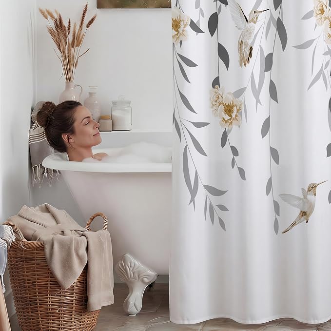 No Hook Floral Shower Curtain with Liner, Grey, 71x74 | Snap in Liner, 3 in 1, Water Repellent, Easy Install, Machine Washable, Hotel Style for Bathroom, Watercolor Pattern