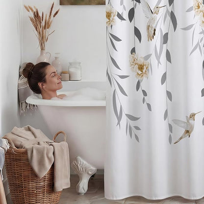 No Hook Floral Shower Curtain with Liner, Grey, 71x74 | Snap in Liner, 3 in 1, Water Repellent, Easy Install, Machine Washable, Hotel Style for Bathroom, Watercolor Pattern